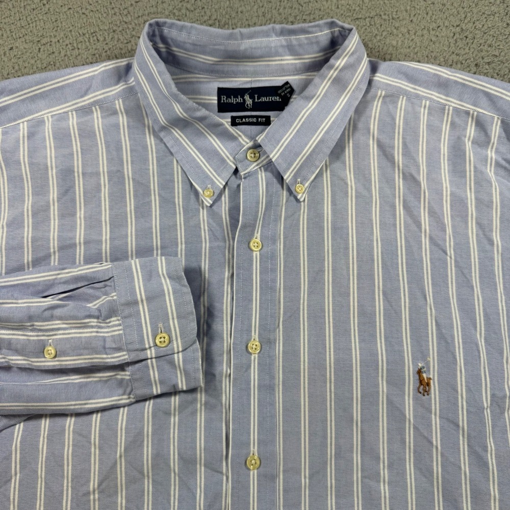 Ralph Lauren Mens 2XLT Classic Fit Blue White Striped Oxford Button Down Shirt